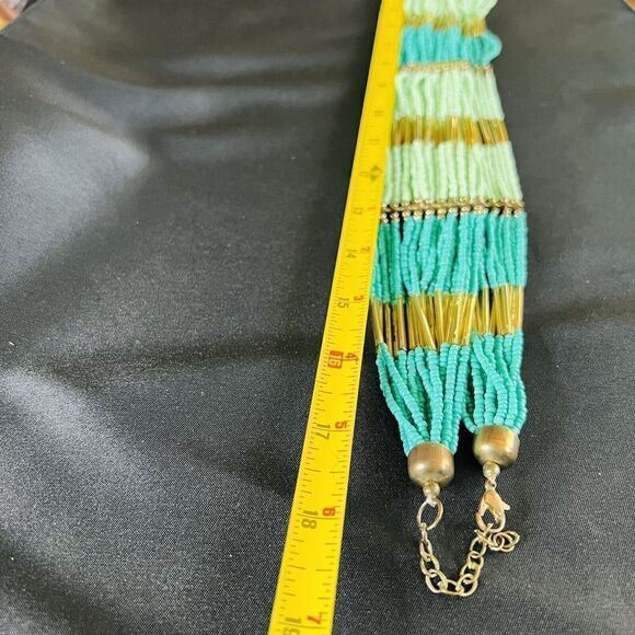 Stunning Waterfall Turqoise Green Gold Multi Strand Seed Bead Statement Necklace - Picture 12 of 15